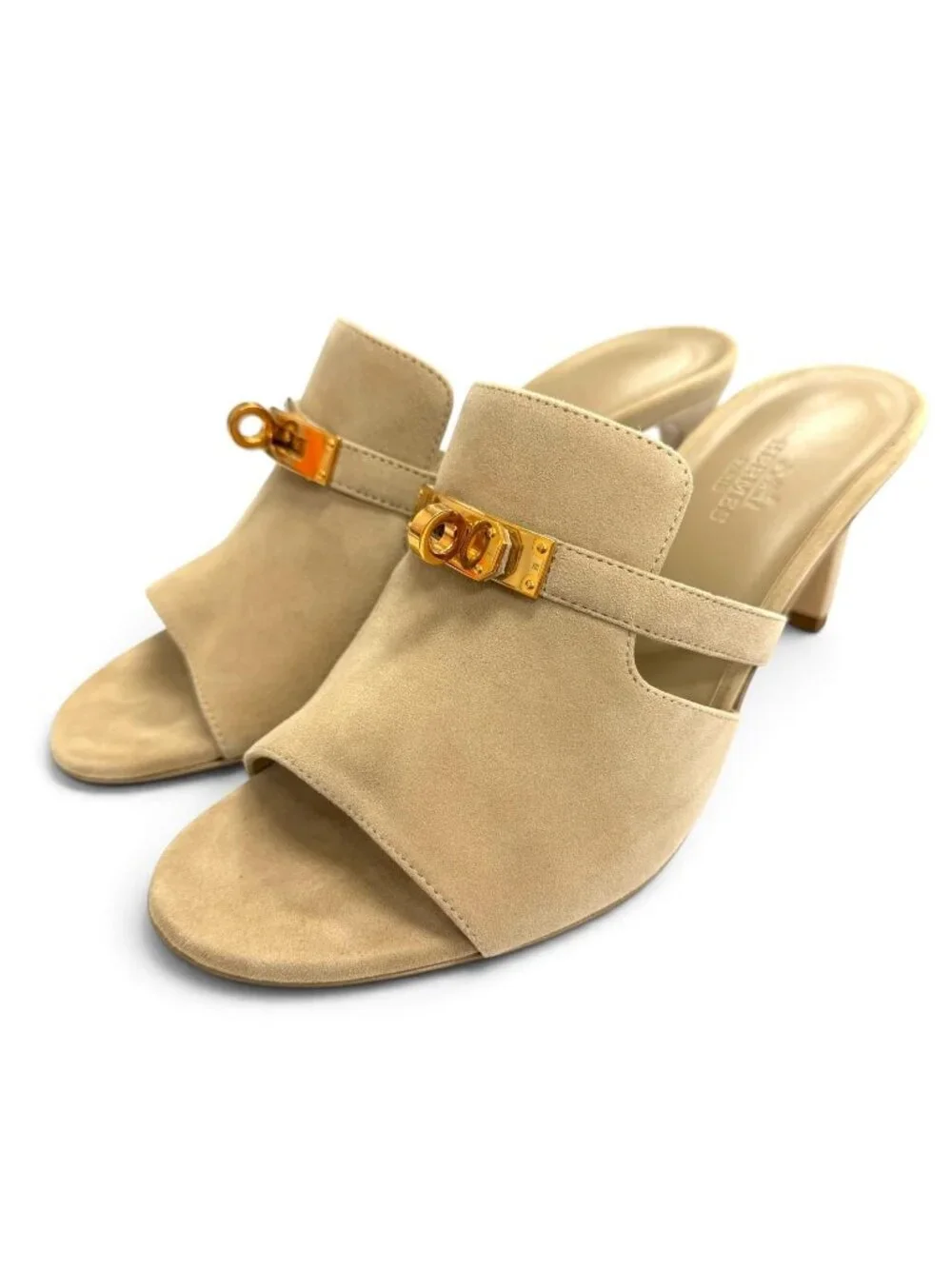 Hermes Candy Suede Leather Beige Argil Kelly Buckle Open Toe Sandals